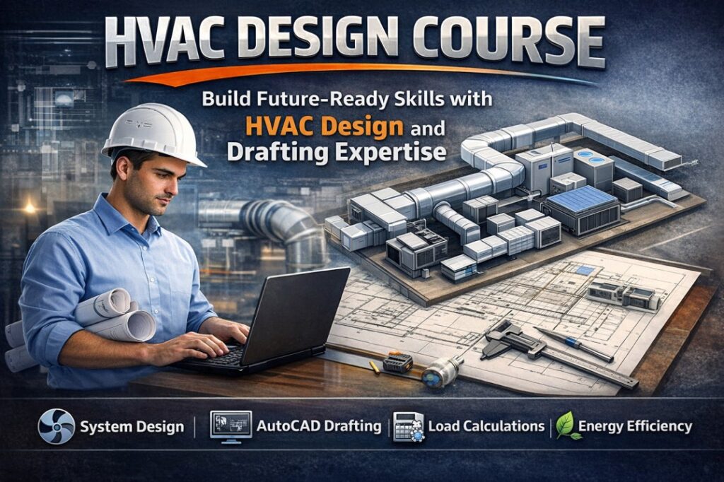 HVAC Design Course poster showing HVAC design and drafting training with AutoCAD, load calculations, system design, and energy efficiency.