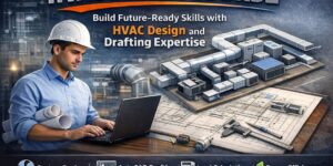 HVAC Design Course poster showing HVAC design and drafting training with AutoCAD, load calculations, system design, and energy efficiency.